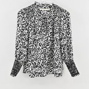 Marie Oliver Womens Silk Top Size XS‎ Animal Print Black White Smocked Femnine
